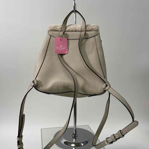 NWT Kate Spade  Leila Leather Flap Backpack Faux Shearling in Light Sand - Picture 2 of 9